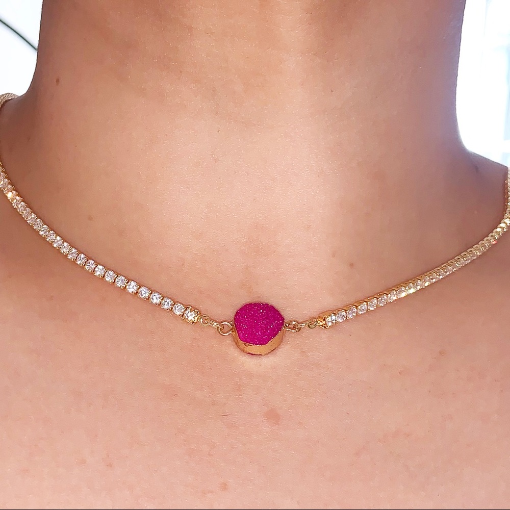 Fuchsia Hot Pink Druzy Tennis Choker - Picture 5 of 7